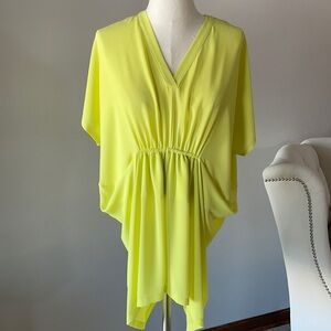 Ruched asymmetrical women’s V neck blouse tunic flowy cinch waist NEON YELLOW M